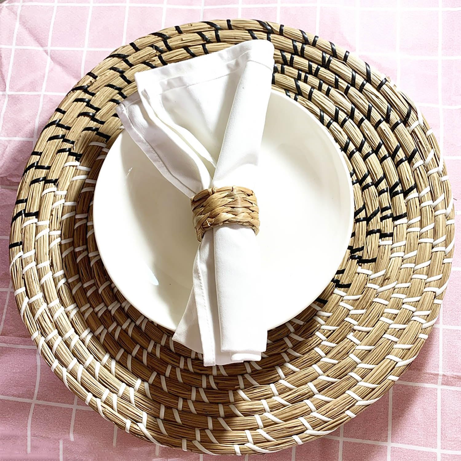 Laquedecraft Set di 12 portatovaglioli in giacinto d'acqua intrecciato, rustico, bohémien, portatovaglioli in vimini naturale, per tavolo da pranzo, feste
