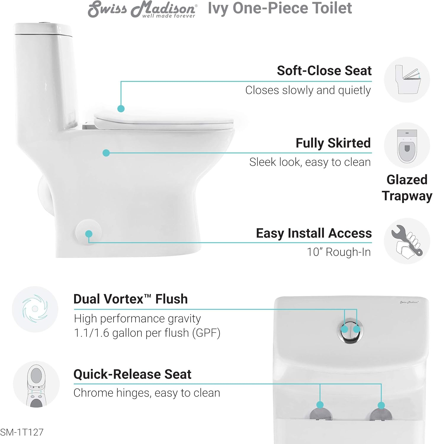 Swiss Madison Well Made Forever SM-1T127, Ivy One Piece Toilet, 10" Rough-in , White - - 