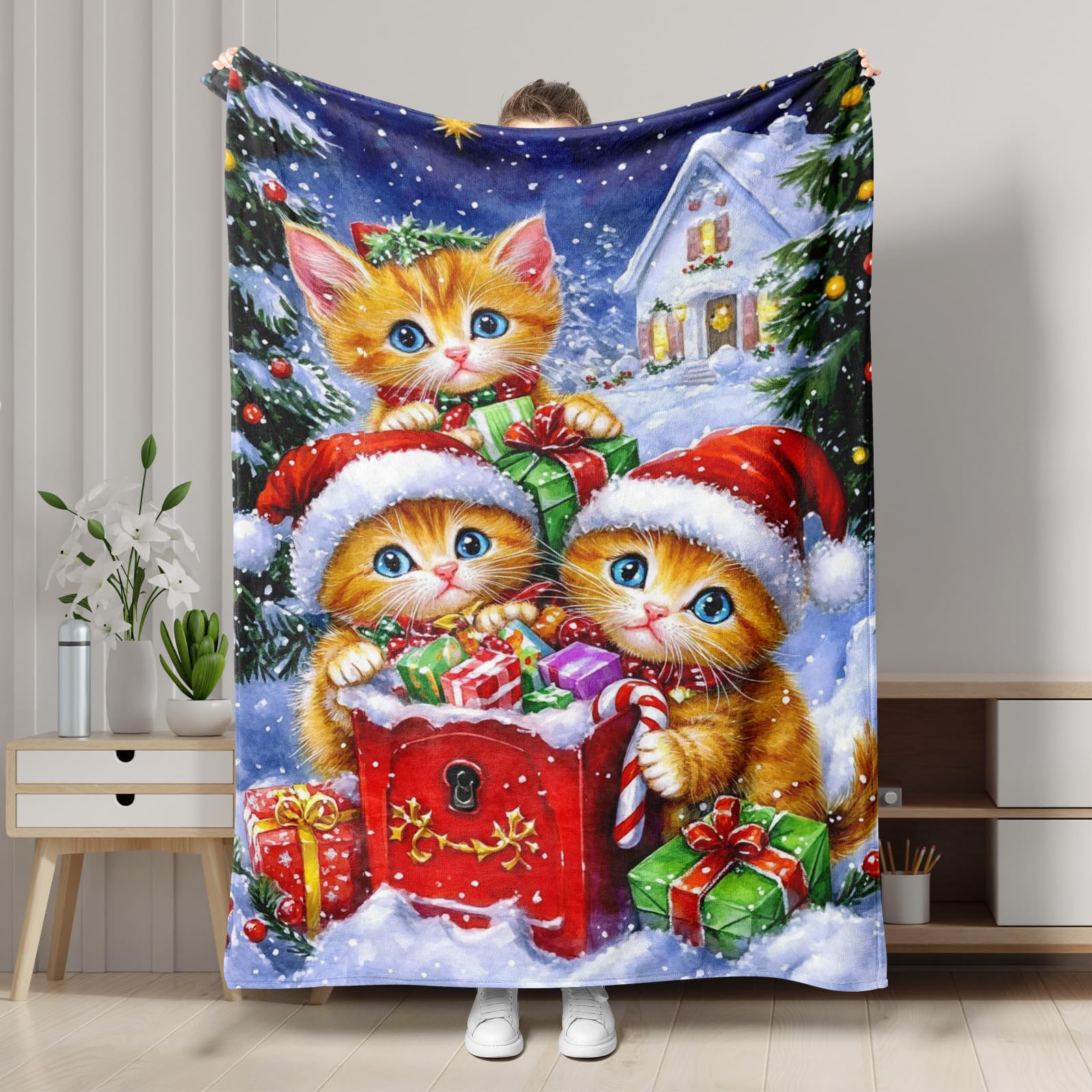 Cute Holiday Cats Blanket, Ginger Orange Kittens Winter Decor Throw Blanket, Soft Plush Fleece for Sofa, Camping, Travel, Christmas Season, Cozy Gift 50x60 Inch