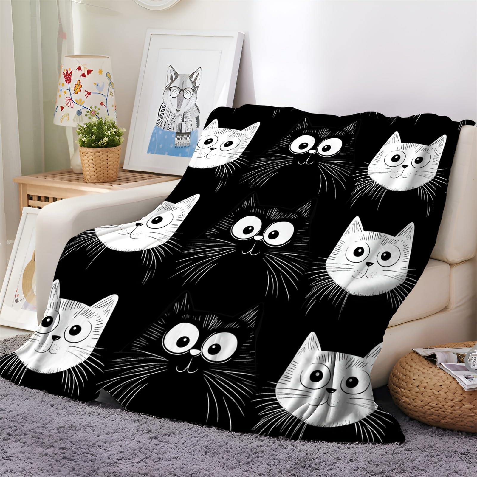 Genérico Mantas para Cama Invierno 100x150 cm Gato De Dibujos Animados Blanco Y Negro 3D Impresión Manta Franela Grande Manta de Felpa Soft Cálidas Ligeras Mantas de Sofá Colcha para Adultos Niños