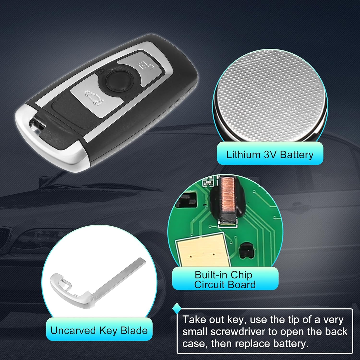 X AUTOHAUX 2pcs 315MHz KR55WK49863 Replacement Smart Proximity Keyless Entry Remote Key Fob for BMW 1 2 3 4 5 6 7 Series 2009-2017 3 Buttons with Door Key PCF794 Chip - Image 4