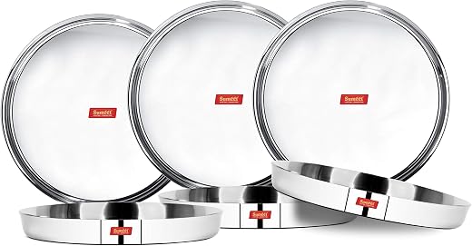 Sumeet 22 Gauge Stainless Steel Traditional Dinner Plate/Thali 25.8Cm (1.5Ltr) - Set of 6pc