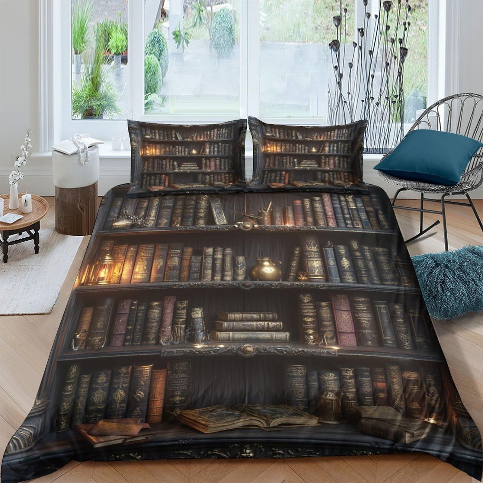 GPLZQXKJNH 3D Printed Bookshelf Library Duvet Cover Set Microfiber Soft Breathable Vintage Reading Quilt Cover with 2 Pillowcases for Bedroom Single（135x200cm）
