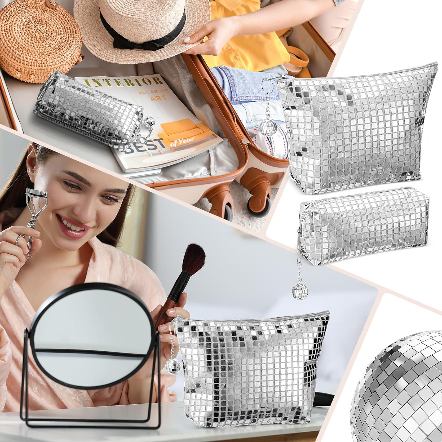 Reginary 2 Pcs Disco Cosmetic Makeup Bags Women Silver Glitter Sequin Mirror Bag Large Travel Handbag with Disco Ball Zipper Storage Makeup Bag for Christmas New Year Bridal Bachelorette Party Gifts - Image 6