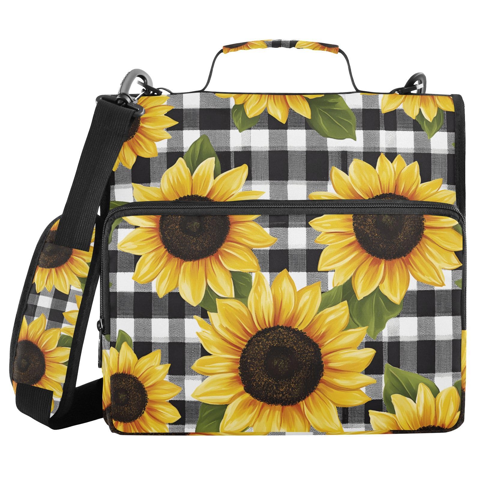 Bindertasche mit Reißverschluss, Sonnenblumen, kariert, 3,8 cm, 3-Ringbuch und mehrere Taschen, 500 Blatt Kapazität, erweiterbarer Aktenordner mit Schultergurten und Griffen, für Schule