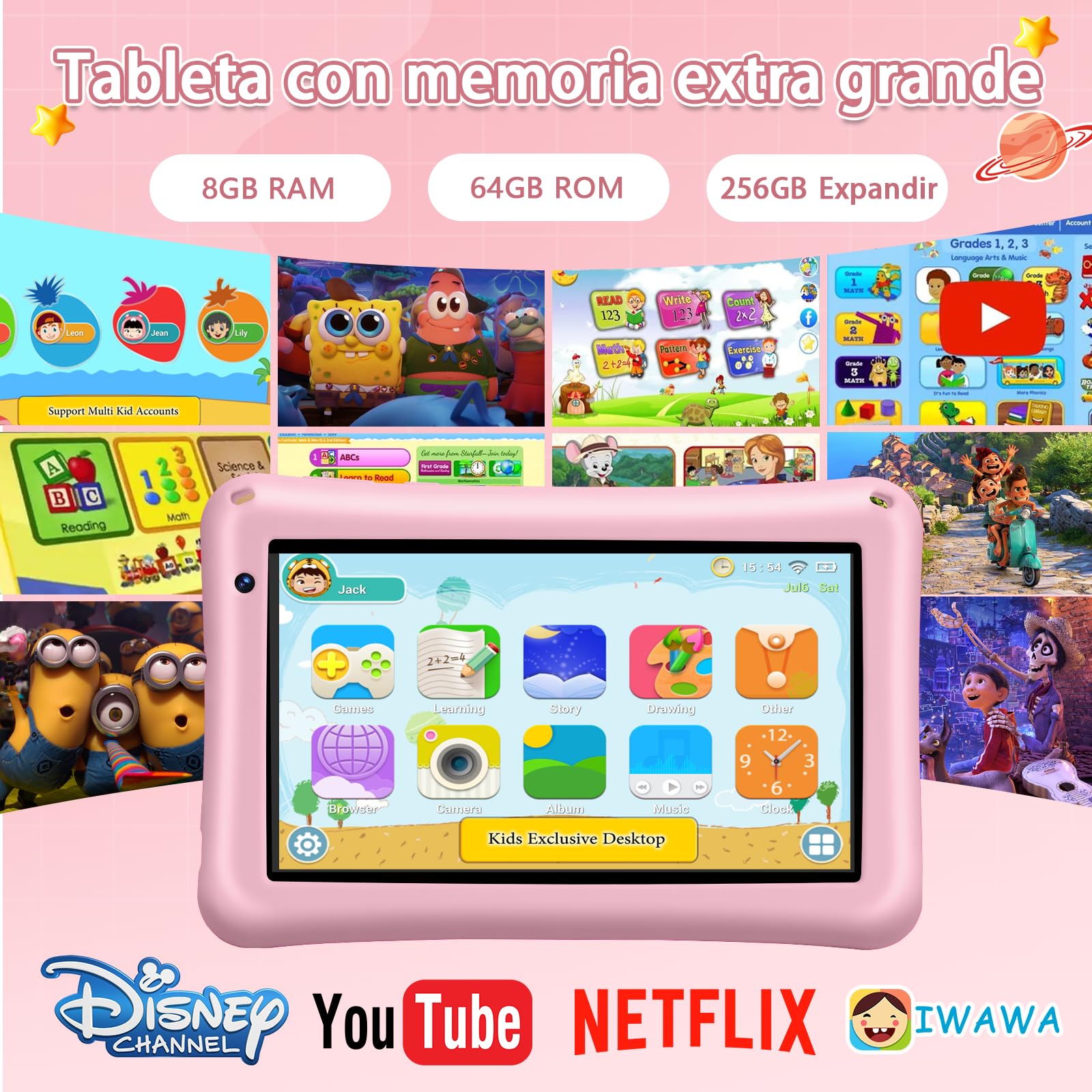 Tablet para Niños 7 Pulgadas,Android Tablet,8GB RAM 64GB ROM (mpliable 256 GB), Control Parental, WiFi, Bluetooth, Kids Tablette Tactile Éducative Avec Kid-Proof Étui-Rosa — view 2