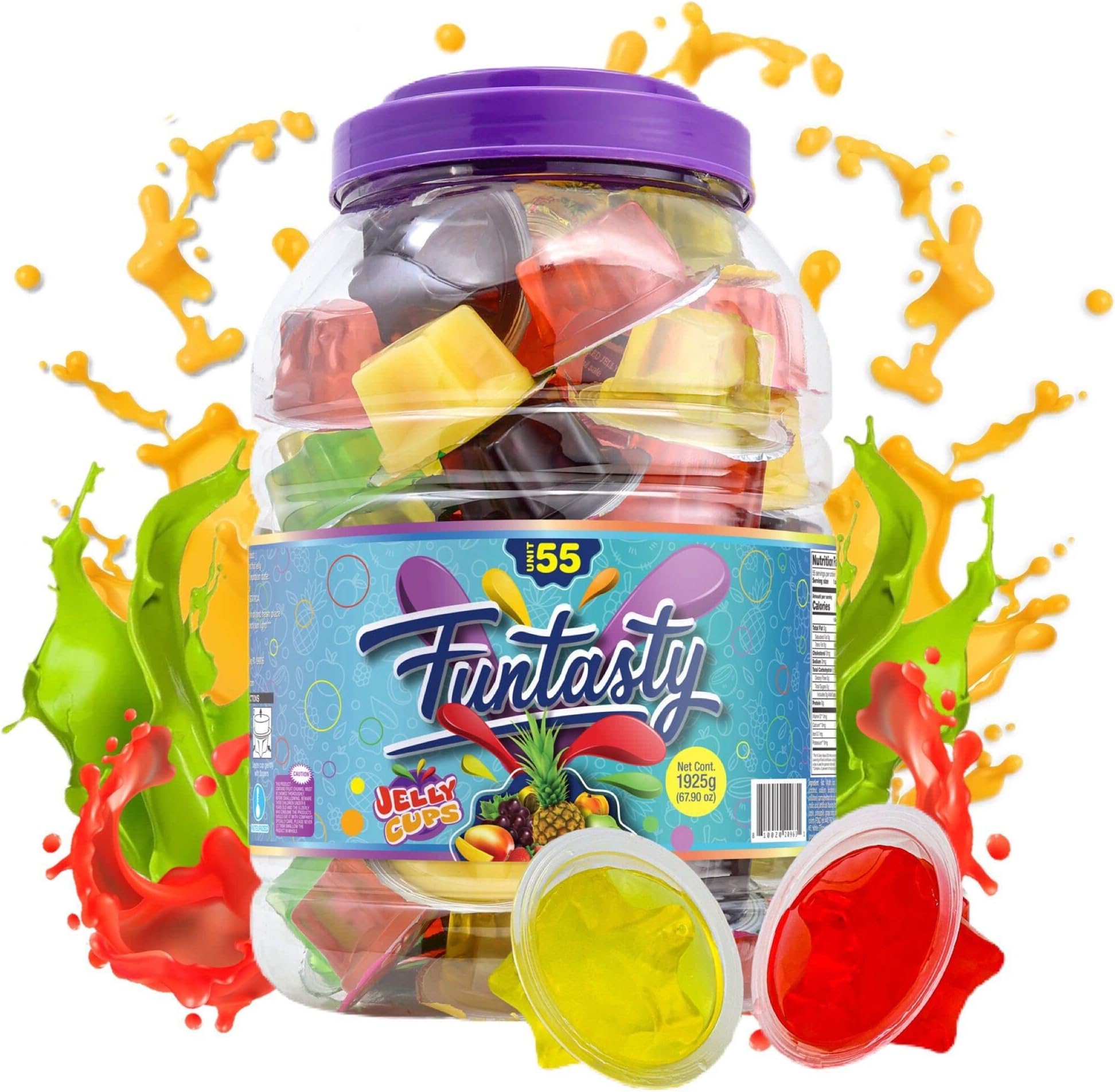 Funtasty Jelly Cups - 55 Count Jar - Assorted Fruit Candy - Vegan Friendly - Halloween Party Treat - Green Apple, Peach, Pineapple, Strawberry, Mango, Grape