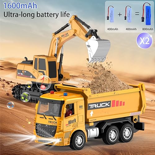Miniatura 8 de Juego de juguetes de excavadora y camión volquete con control remoto, vehículos de construcción RC con barricadas, señales de tráfico, rocas