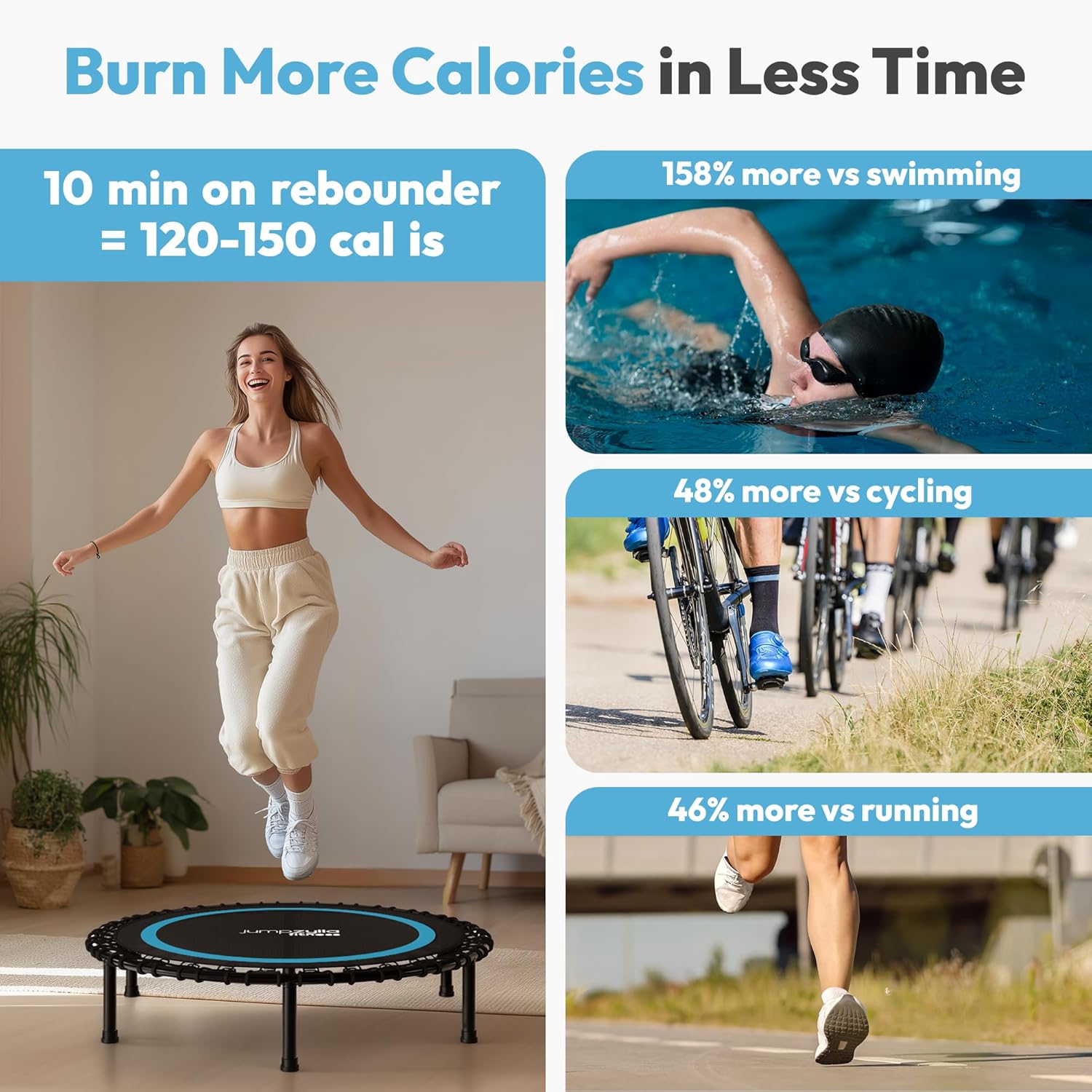 Jumpzylla Fitness Rebounder Trampoline for Adults with Bar and Elastic Bands, 450/550 lbs Mini Trampoline for Adults, Exercise Trampolines, Rebounders with Adjustable Handle, Indoor/Outdoor 40/48 in