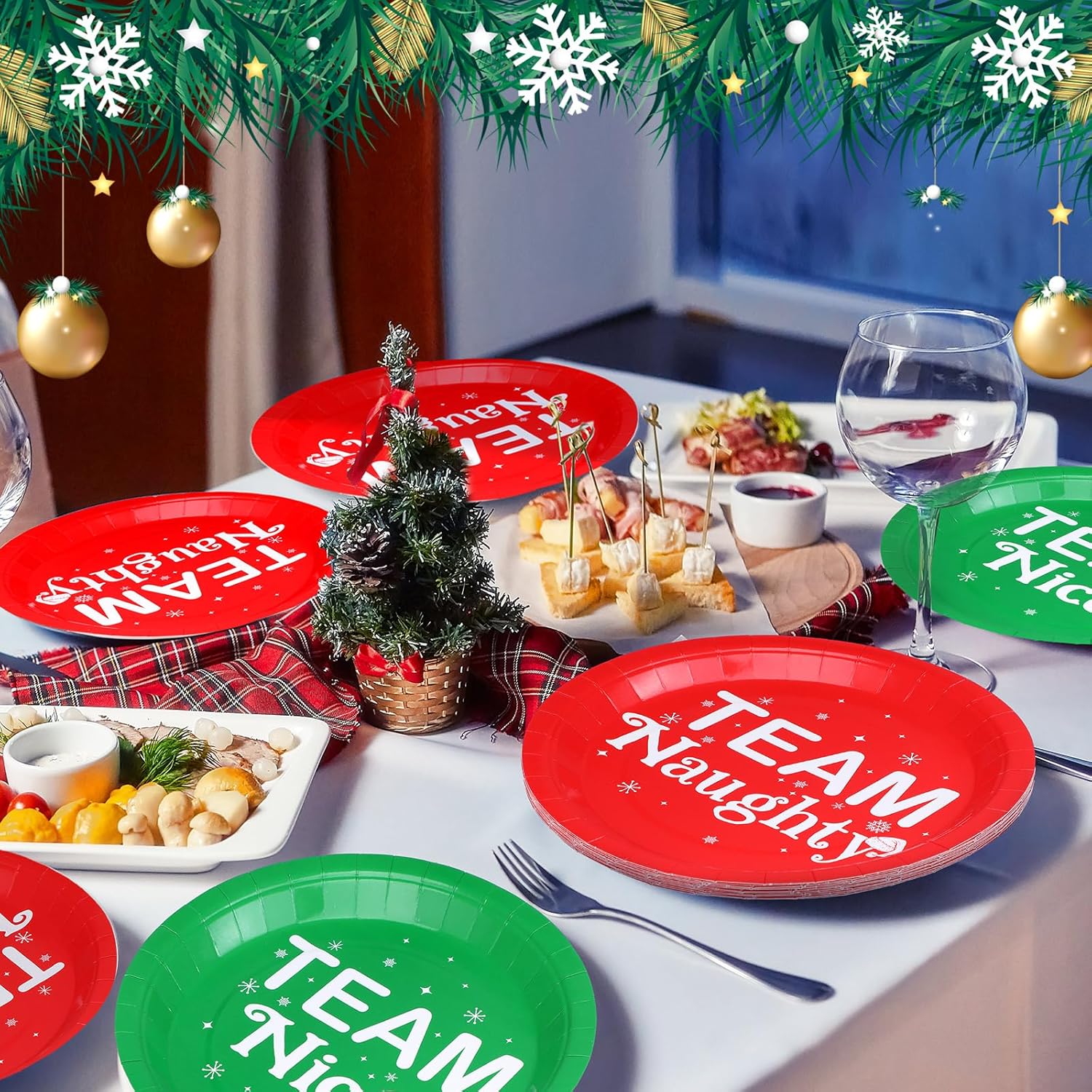 Uiifan 100 Pcs Christmas Paper Plates 9 Inch Disposable Plates Team Nice or Naughty Party Supplies Christmas Cocktail Tableware Xmas Dinner Table Decoration Holiday Party Supplies, Serve 100 Guests
