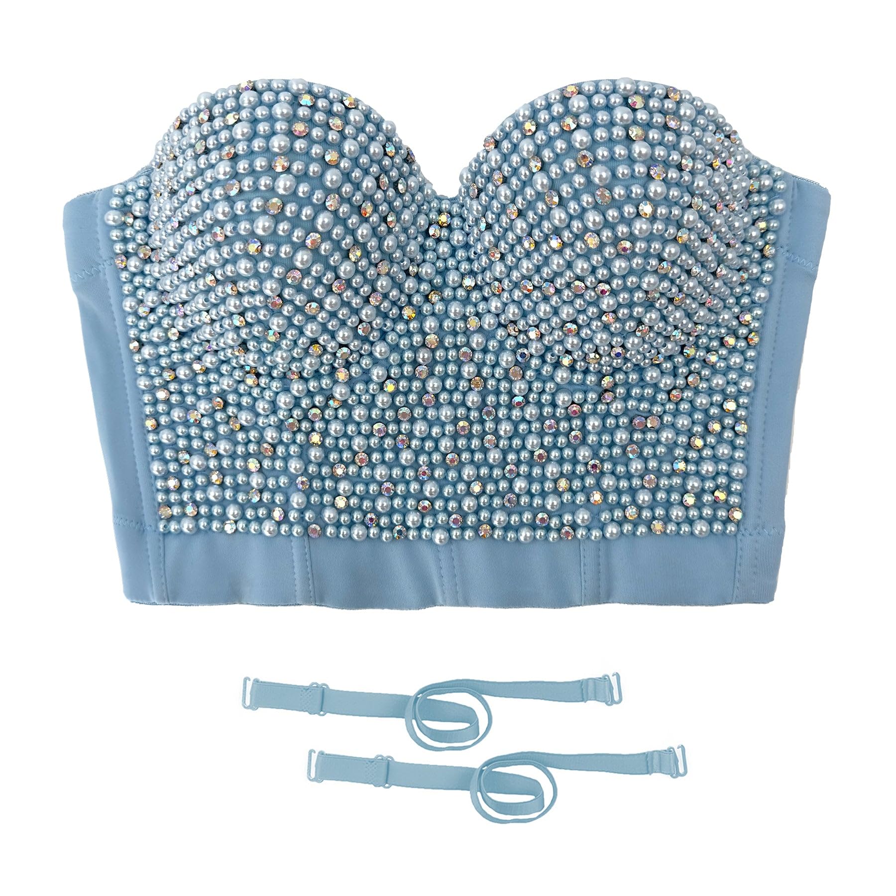 ELLACCI Sexy Bustier mit Perlen und Strasssteinen, bauchfreies Top, Push-Up-Korsett-Top mit abnehmbaren Trägern, Blau