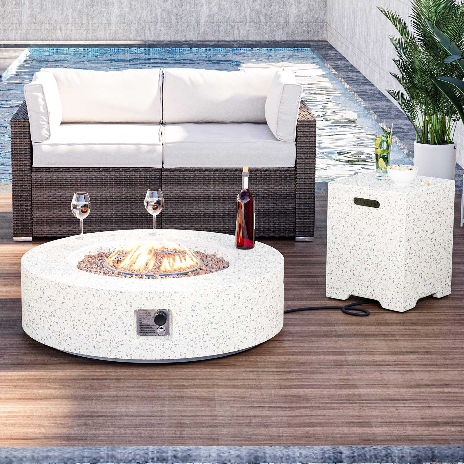 HOMPUSOutdoor Round Propane Fire Pit Table, 41''x12'' Fire Table 20lb Tank Cover Table, 50000 BTU Fire Pit w Free Waterproof Cover & Fire Stone for Patio, Garden, Colorful Terrazzo