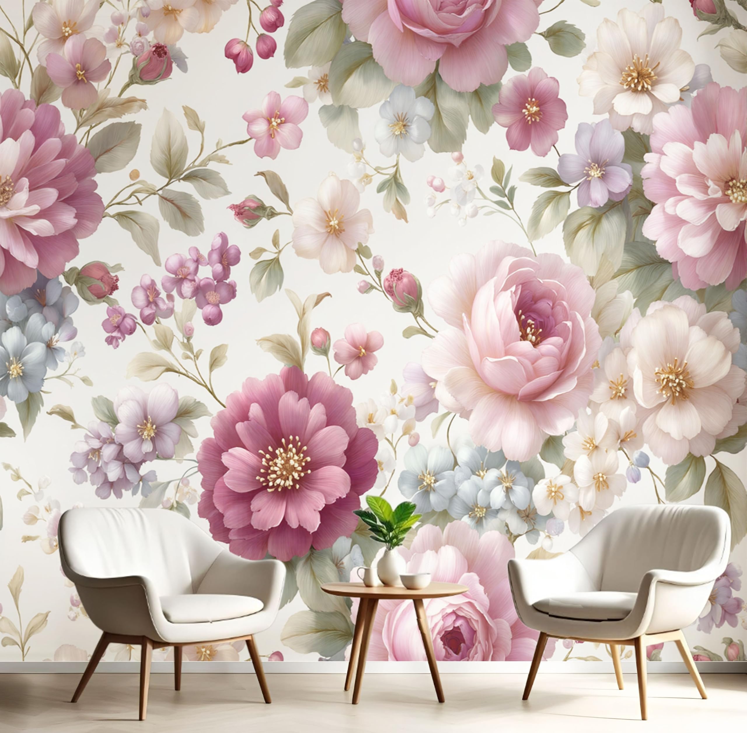 Papier Peint Panoramique Fleurs Rétro Rose - Revêtement Murale Salon 150x105