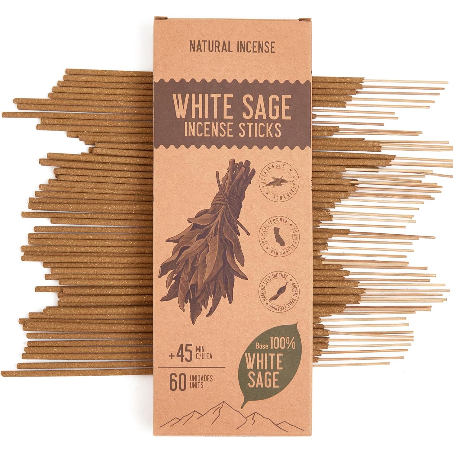 White Sage Incense Sticks - Total 60 Insence-Sticks - Smudging Incense for Positive Energy & Spiritual Cleansing
