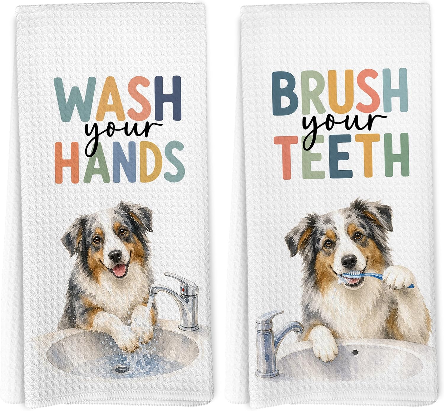 Funny Australian Shepherd Dog Kids Hand Towels, Australian Shepherd Gifts, Boho Wash Your Hands Brush Your Teeth Dog Hand Towels for Bathroom, Kids Toddler Bathroom Decor 16x24in Set of 2