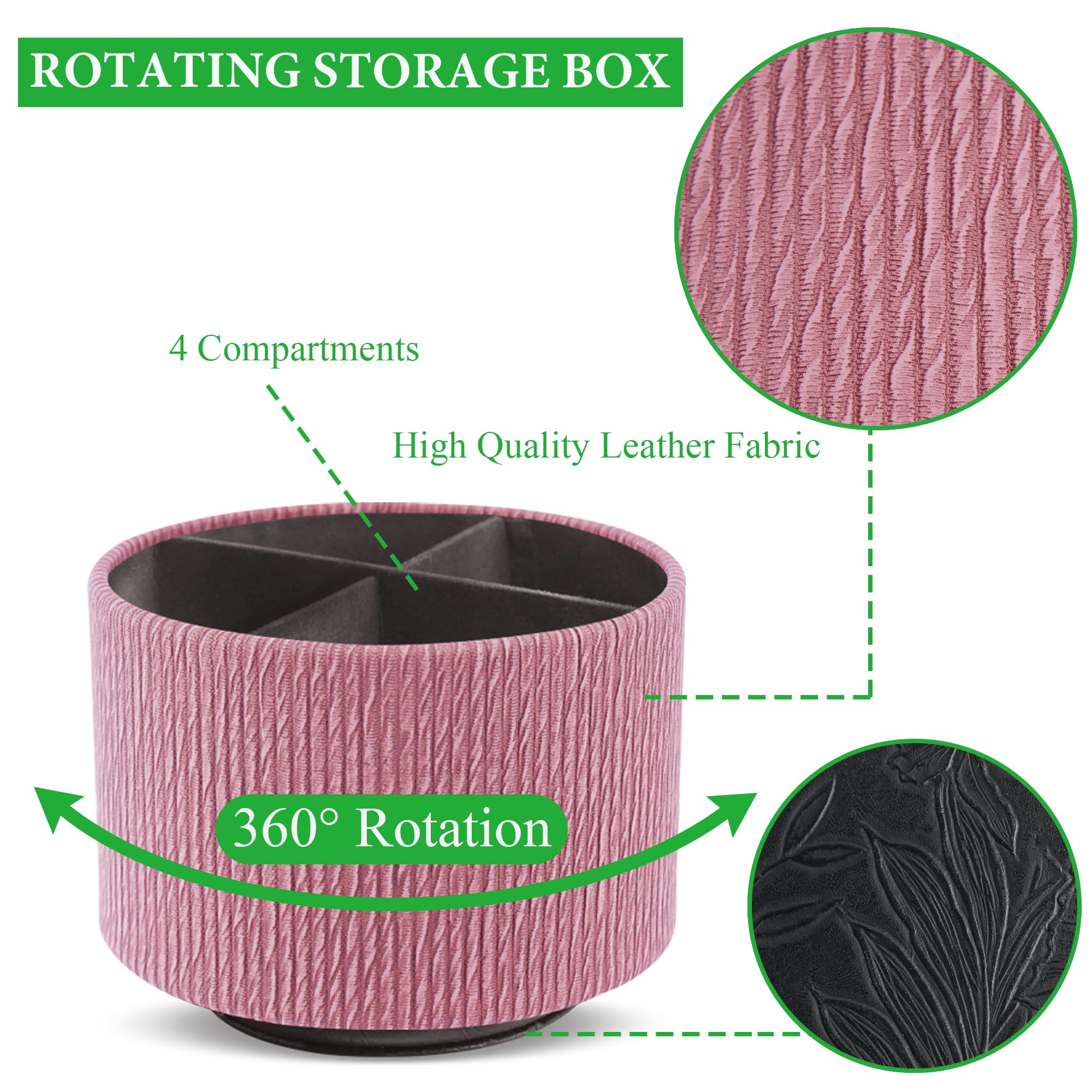 Mtzmy Round Leather Art Supply Organizer,Remote Control Holder,360 Degree Spinning,Multi-Functional Pencil Holder,4 Compartments Desktop Stationary Organizer(1-Wood Pink) - Image 3