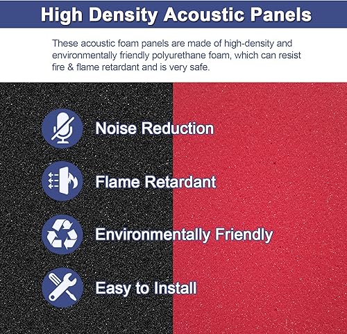 Miniatura 5 de Paquete de 52 paneles de espuma acústica, de 1 x 12 x 12 pulgadas, paneles de pared de espuma acústica de absorción de sonido (color negrorojo)