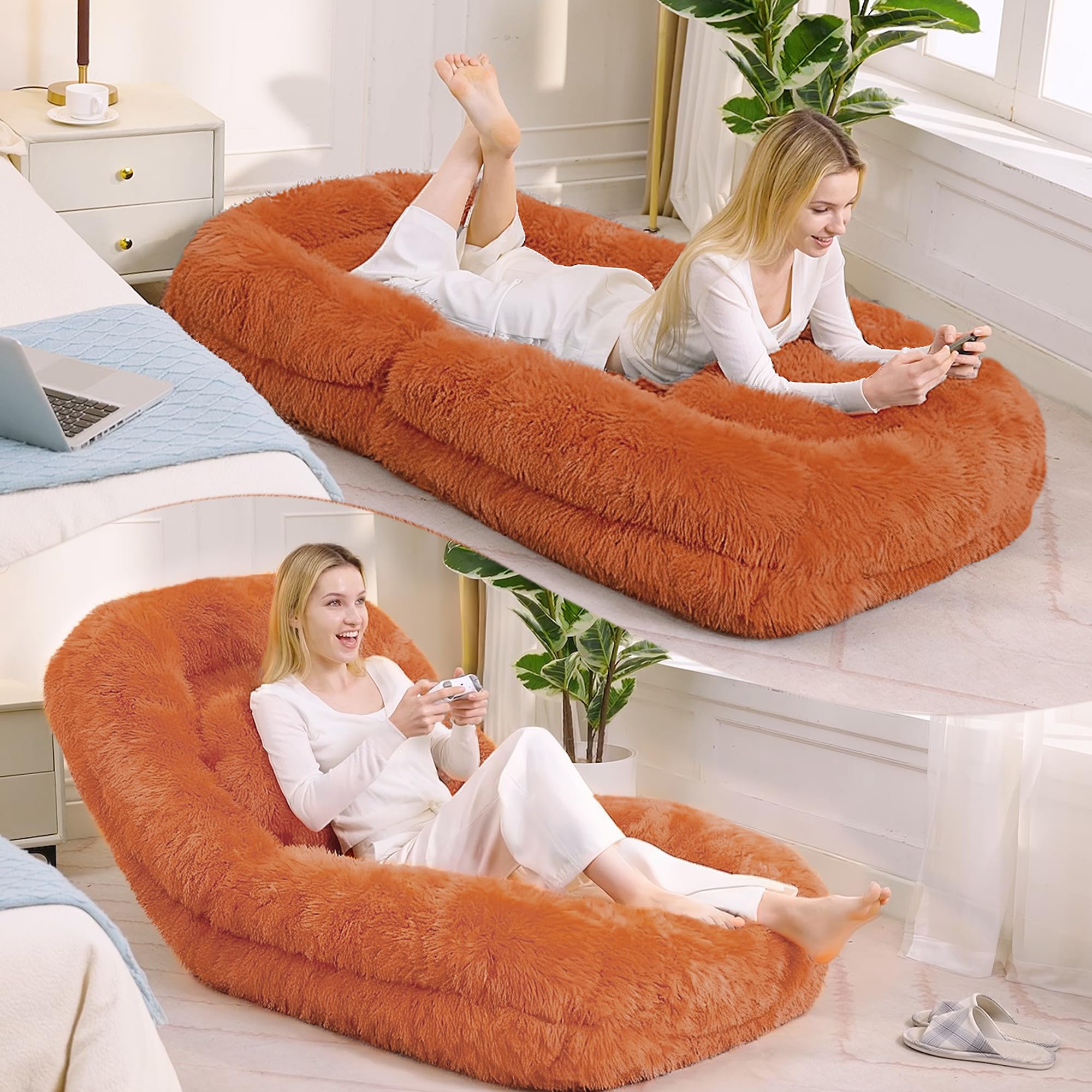 Human Dog Bed Floor Chair, 5-Position Adjustable Convertible Lazy Sofa Bed, Plush Floor Lounger for Adults &amp; Pets, Gaming, Napping &amp; Relaxation for Living Room Bedroom (Orange)