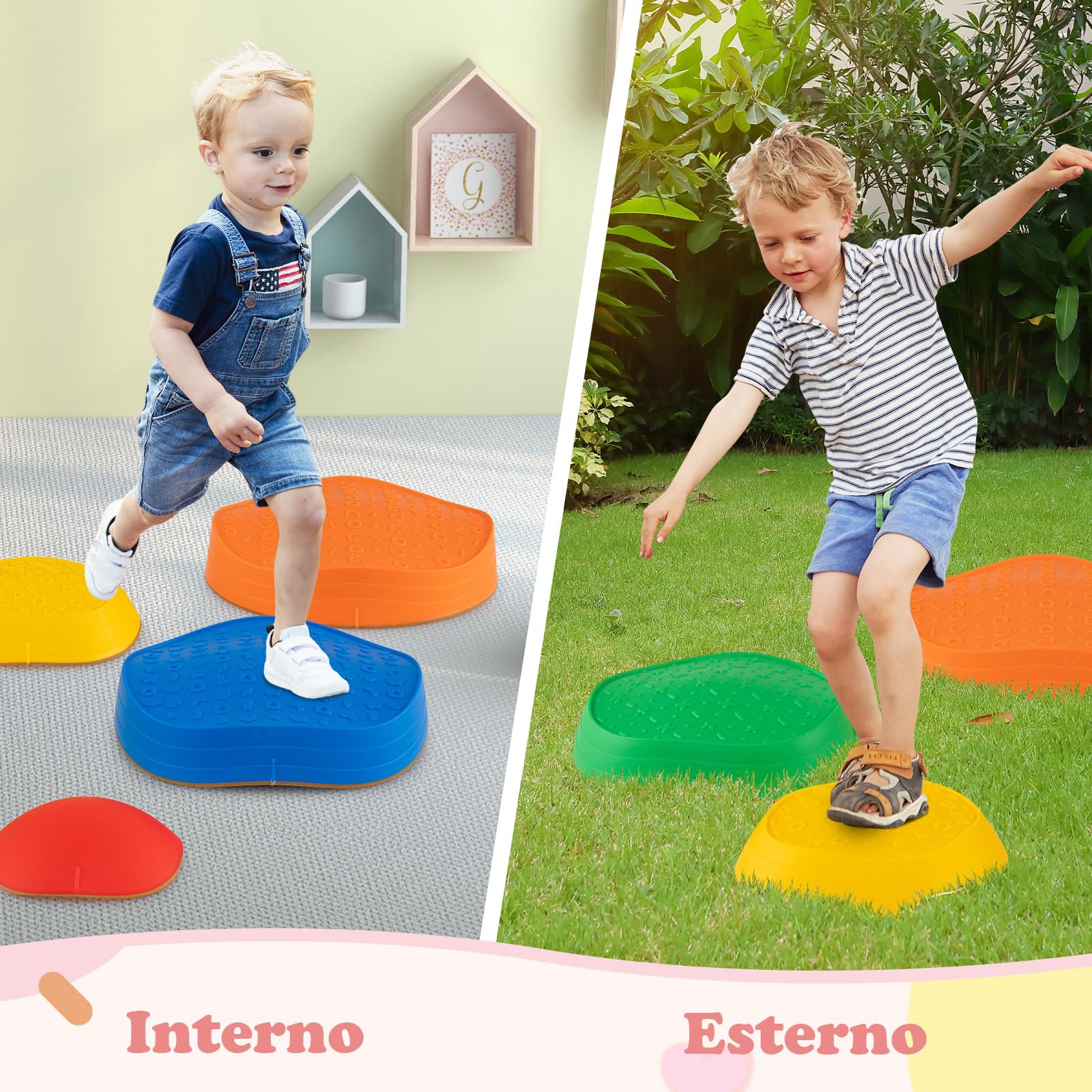 COSTWAY Pietre Equilibrio Bambini, Set di 5 Pietre di Bilanciamento Antiscivolo con Borsa per Trasporto per Abilità Motorie e Giochi di Coordinazione, Giocattoli Sensoriali per 3+ Anni
