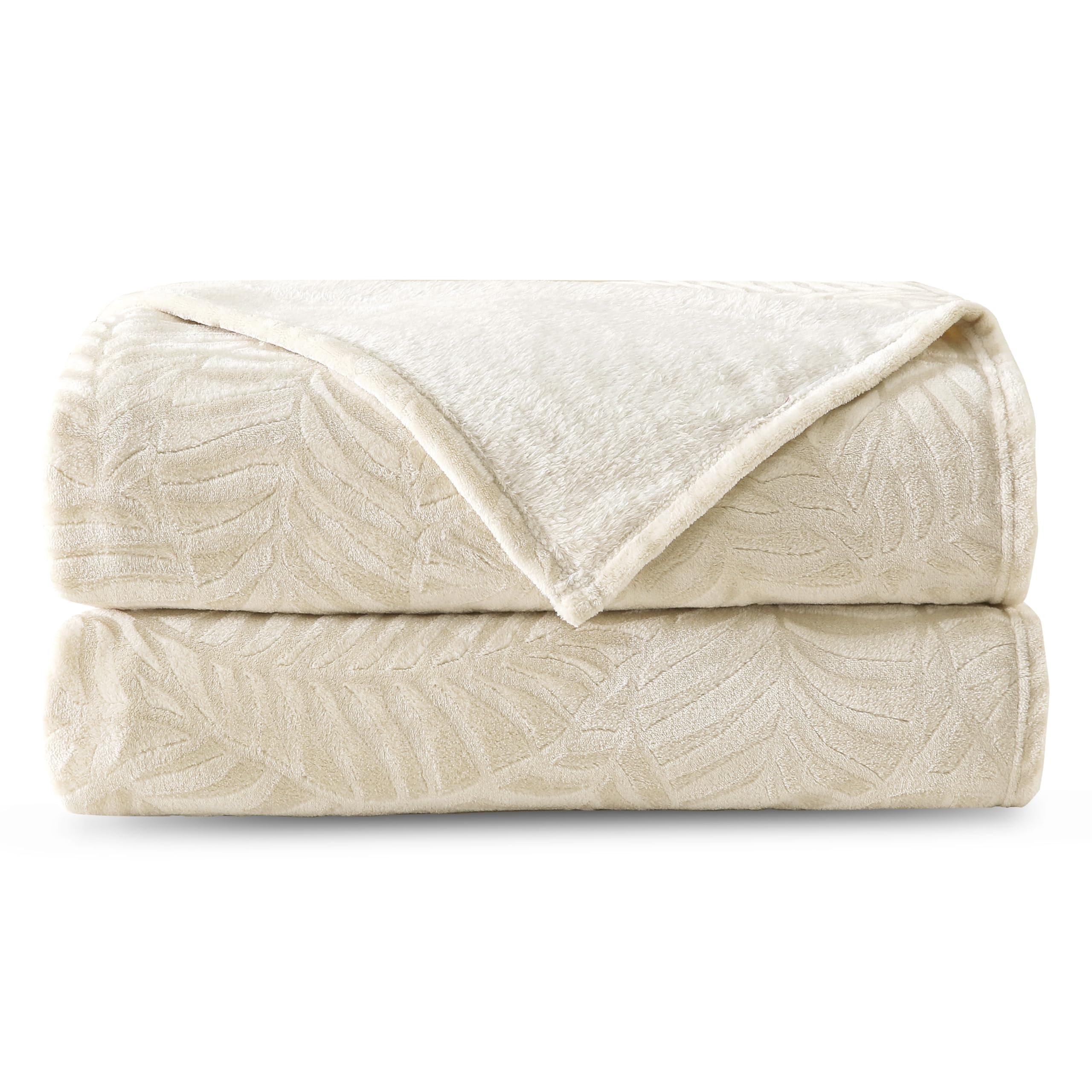 SOCHOW Super Soft Flannel Fleece Throw Blanket, Lightweight Cozy Warm Leaves Textured Plush Blanket for Bed Couch Sofa, 127cm × 150cm, Linen