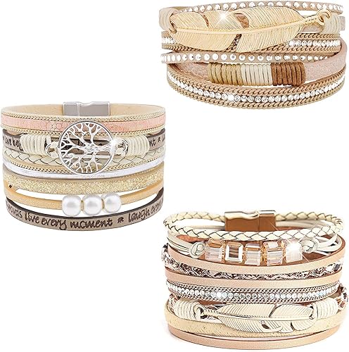 Leather Wrap Bracelet Set 3Pack Wrist Cuff Bracelet for Women Multilayer Magnetic Clasp Bracelet Feather Tree Bead Crystal Bracelet