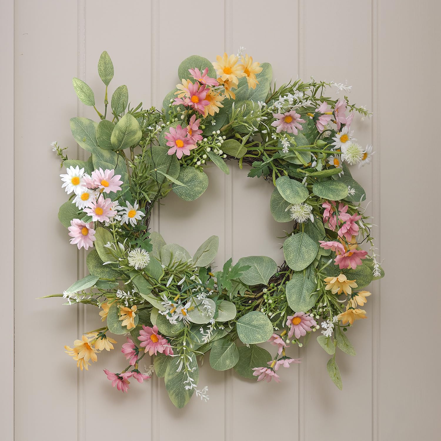 Lights4fun Sommerkranz mit Kunstblumen wie Gänseblümchen, gelben und rosafarbenen Wiesenblumen | warmweiß LEDs | mit Timer | Batteriebetrieben | Deko Sommer Frühjahr Frühling für Wohnbereich | ø 36 cm