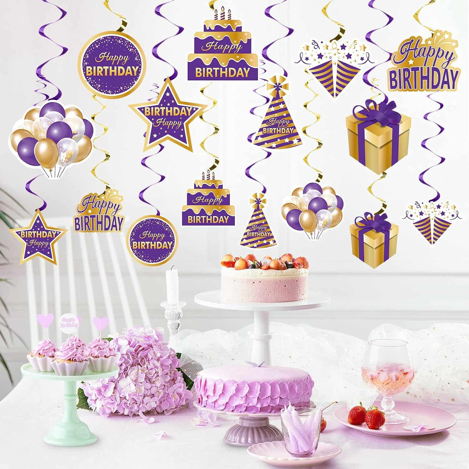 Purple Gold Happy Birthday Decorations Hanging Swirls Kit for Women Girls | Excelloon Purple Happy 10th 16th 21st 30th 40th 50th 60th Birthday Foil Swirls Sign Decor Party Supplies for Indoor Outdoor