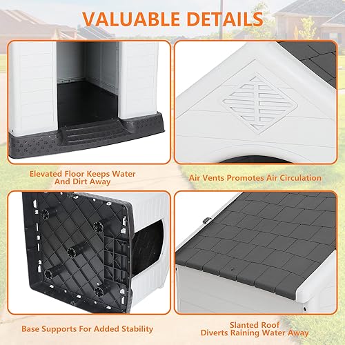 Vista 5 de Casa de plástico resistente al agua para perros pequeños a grandes, refugio interior para cachorros con rejillas de ventilación y piso elevado, Azul