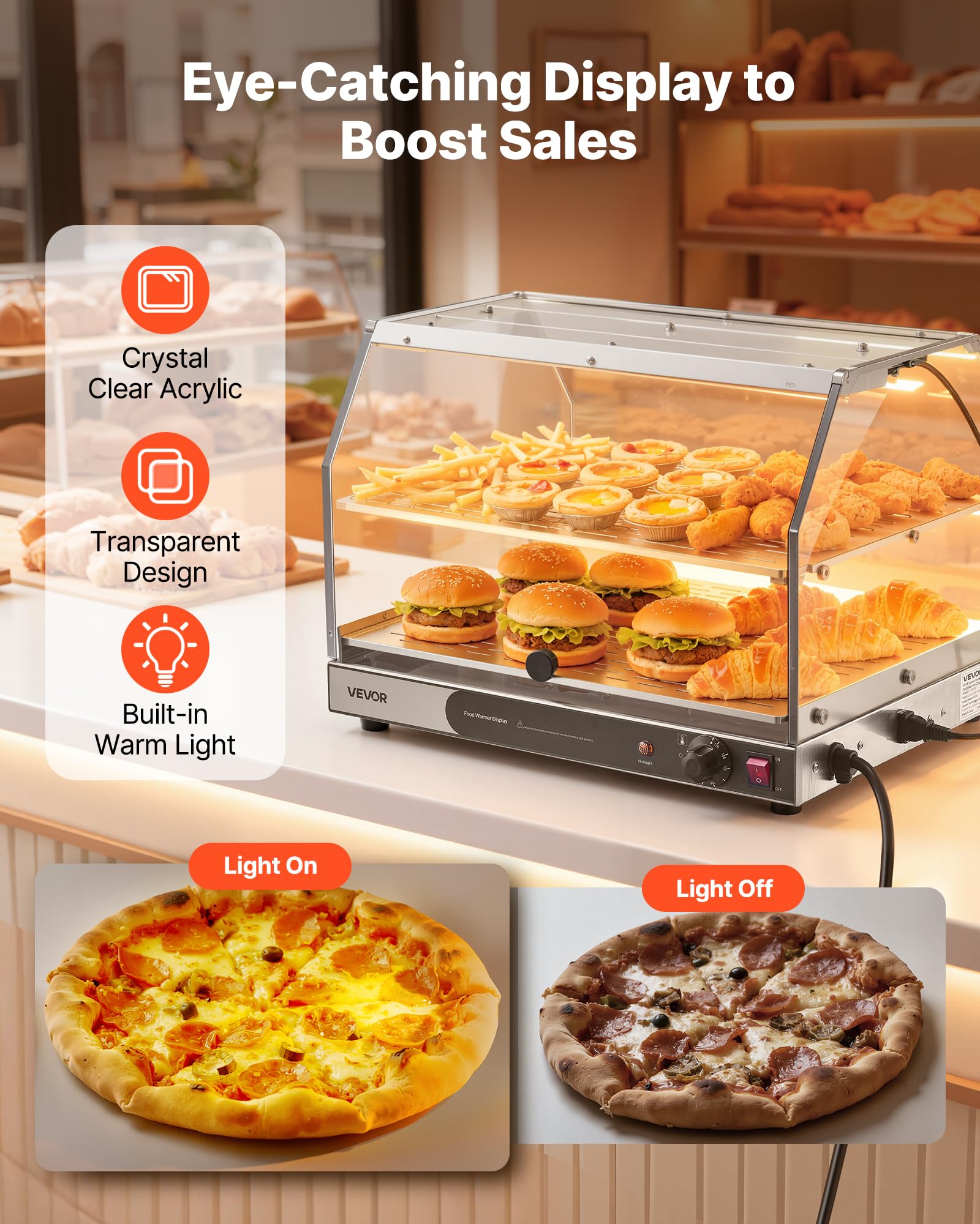 VEVOR Scaldavivande commerciale a 2 livelli, scaldavivande da 450 W con luce, ripiani staccabili e design a doppia porta, riscaldamento ad aria da 29,4 °C a 185 °C, 48 litri per hamburger, pizza, pane