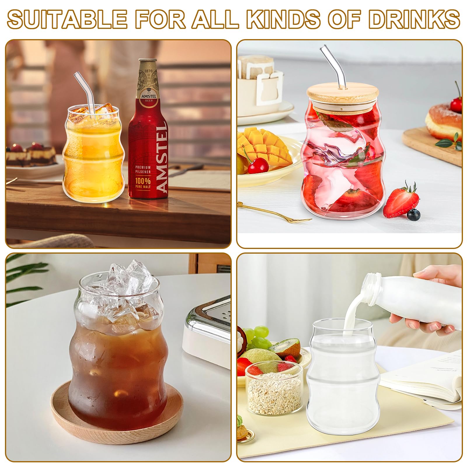 Juego de 4 Tazas de Café de Cristal, 530ML Vasos de Latte Macchiato, Vasos de Cóctel, Tazas de Vidrio Borosilicato, con Tapa con Pajita de Vidrio y Cepillo, para Café, Leche, Latte, Macchiato