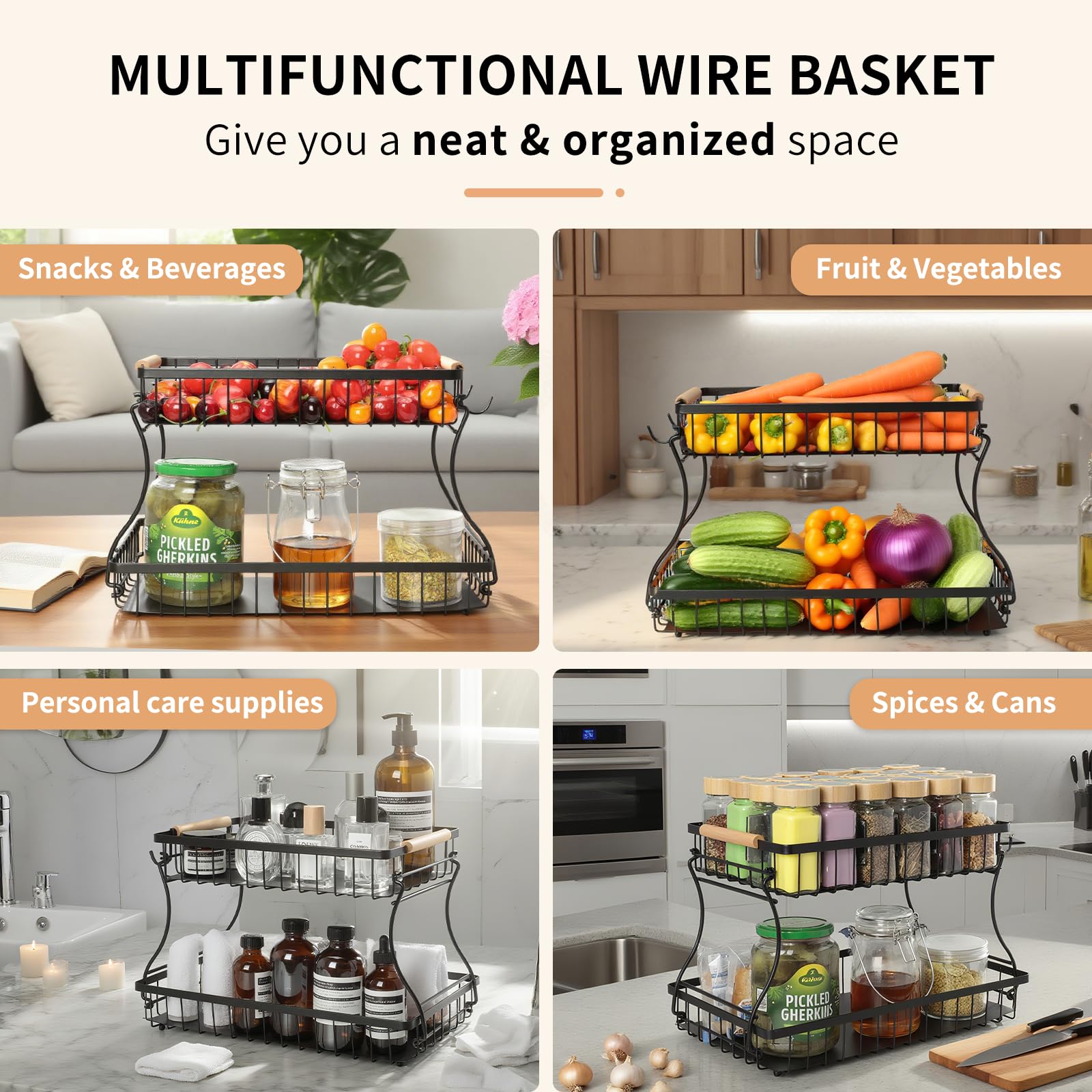 Cozary Portafrutta a 2 Piani, Porta Frutta da Tavolo, Porta Frutta con 2 Ripiani, 2 Ganci, adatto per Snack, Verdure, Pane,per Casa, Cucina, Ufficio, Moderno, 37x24x23cm