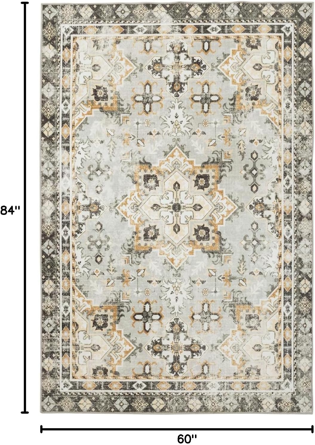 Asrug 5x7 Washable Area Rug, Flower Boho Rug for Dining Room Under Table, Non-Slip Low-Pile Stain Resistant Floor Mat Carpet Indoor Rug for Bedroom Living Room Enterway, Light Grey, 5x7