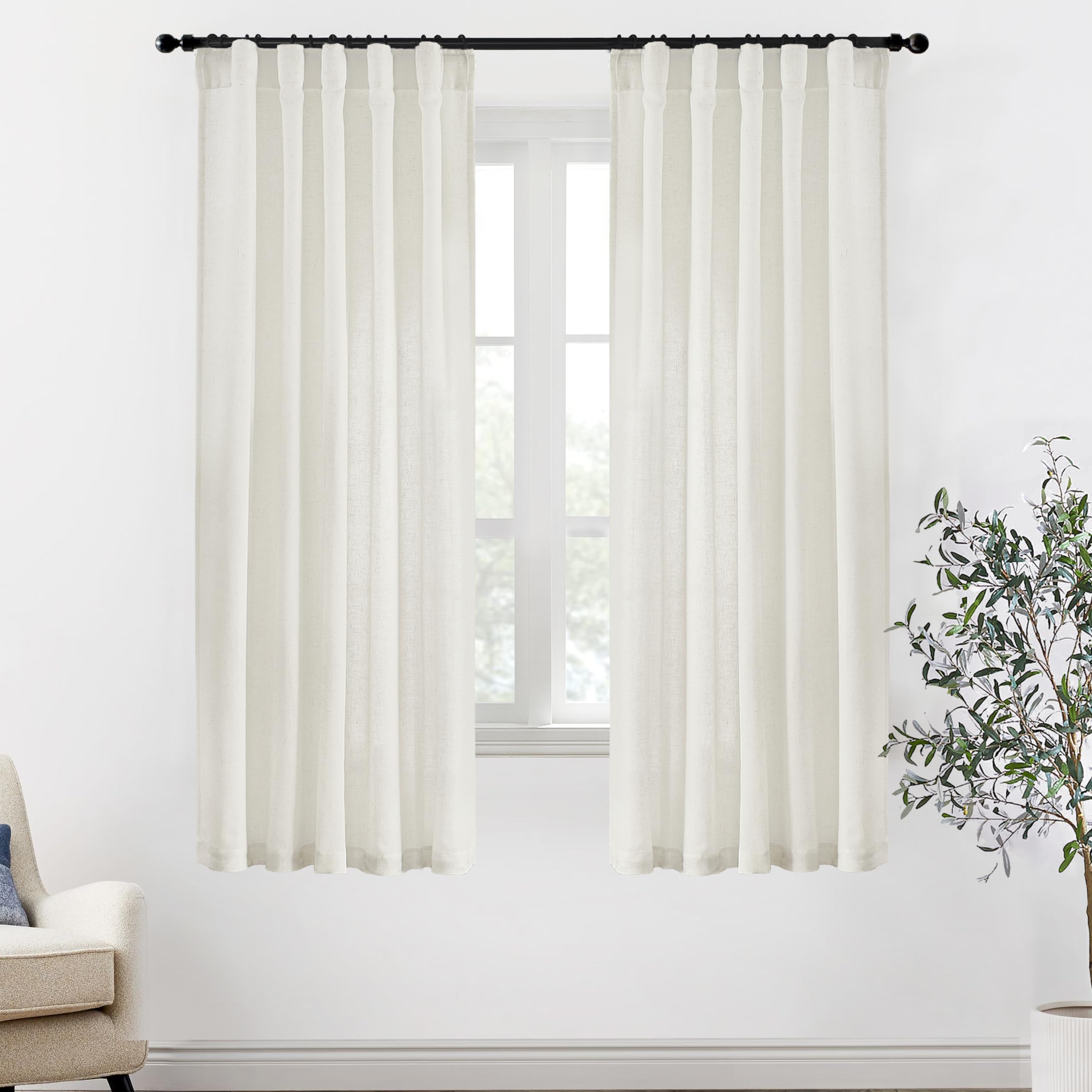 XTMYI 68 Inch Curtains 2 Panel Set,Linen Boho Semi Sheer Curtains for Bedroom Living Room,40x68 in Long,Cream Ivory Off White