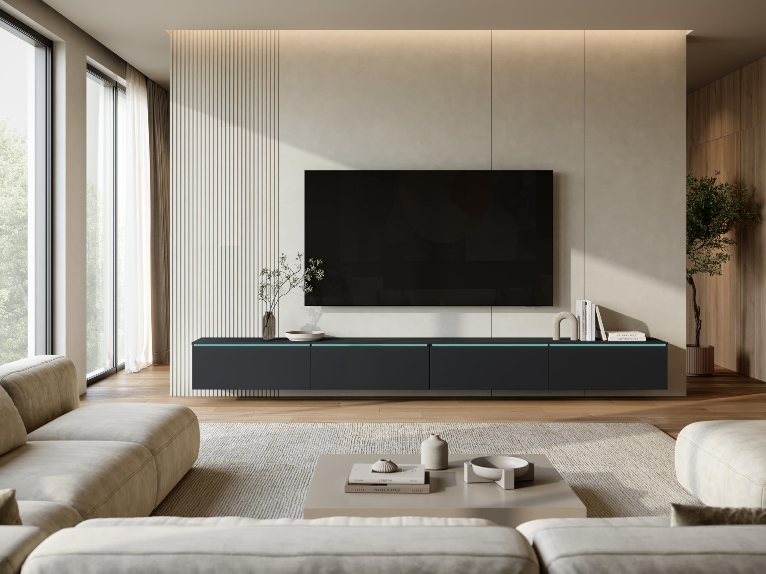 Mueble TV Salon de 4 Puertas con LED - Largo de 300 cm - Mueble Television en Estilo Moderno - Mesa TV para Salón, Comedor, Dormitorio - Mesa de Televisión Salón