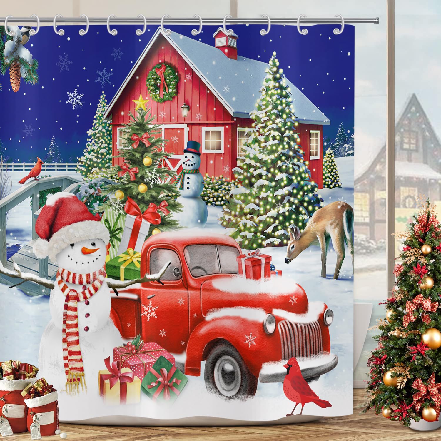 Hnmdmyi Christmas Shower Curtain 180x240, Snowman Xmas Tree Deer Red Truck Gift Farmhouse Winter Holiday Happy New Year Bathroom Curtains Waterproof Polyester Fabric Washable Bath Curtains with Hooks