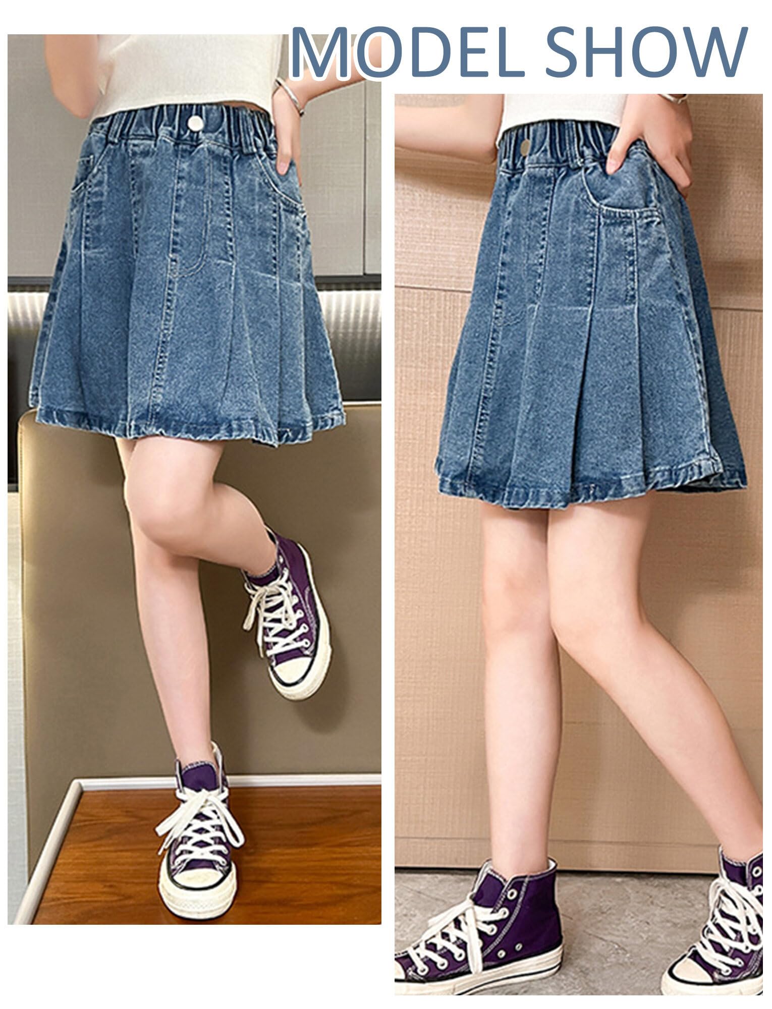 FEOYA Gonna in denim per bambini e ragazze, con elastico in vita, casual, gonna in jeans estiva, linea A, gonna in denim blu plissettata gonna elasticizzata traspirante morbida con tasche per 5-14