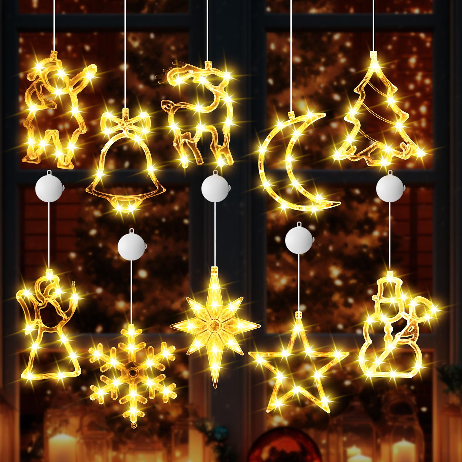 Tujoe 10 Stück Weihnachts-Fensterlichter, Dekorationen, beleuchtete Fenster-Silhouetten-Lichter mit Timer, Saugnapf, batteriebetrieben für Weihnachten, Urlaub, Neujahr, Innen- und Außendekoration