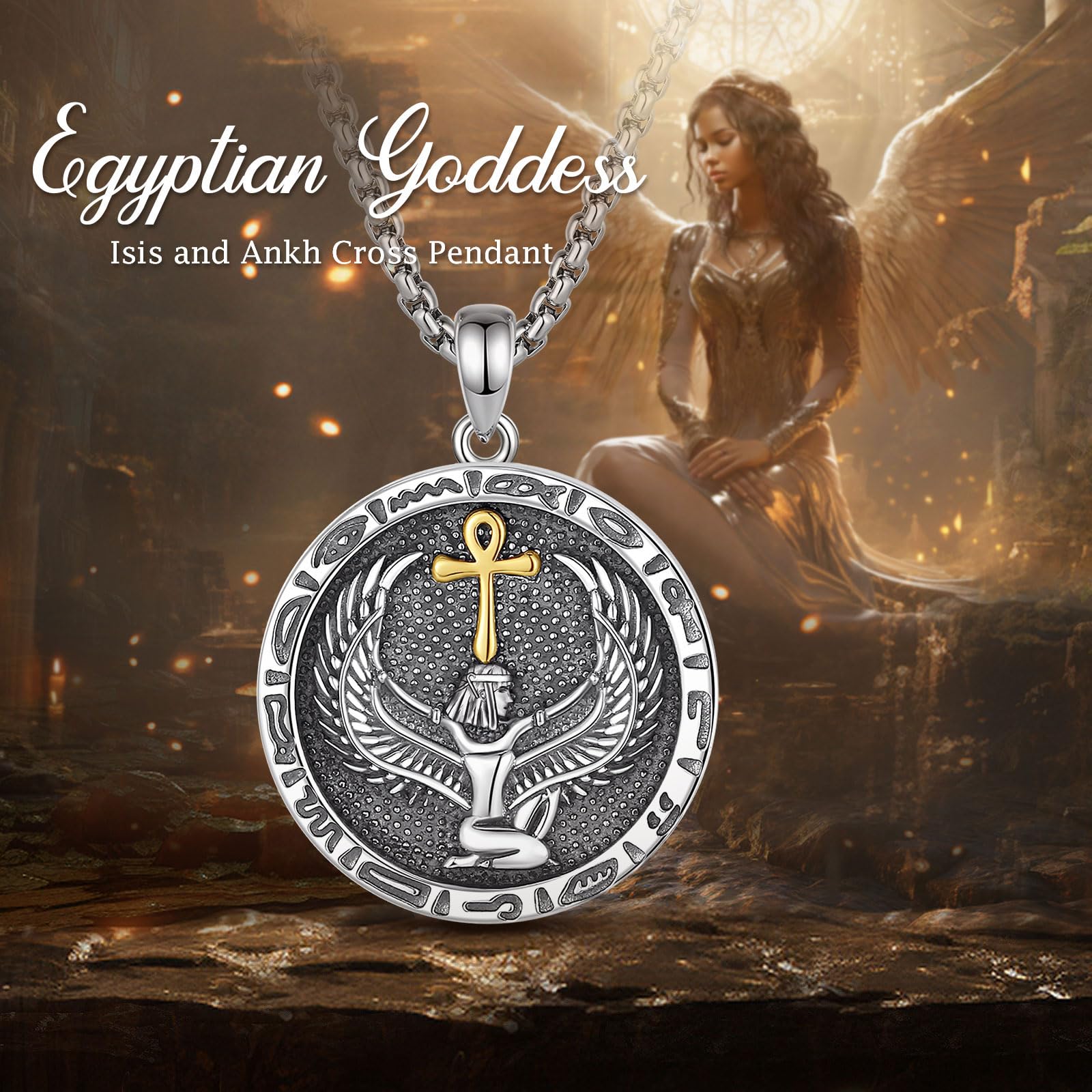 EUDORA Sterling Silber 925 Anubis Kette Isis Medaillon für Damen Herren, Antikes Ägypten Sensenmann Anubis Amulett Energie Halskette Anhänger, Vintage Ägypte Runen Schmuck Geschenk für Herren Frauen