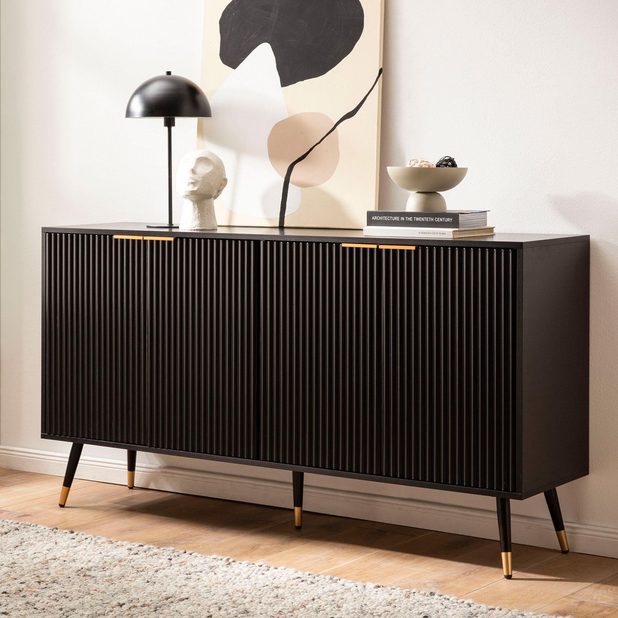 FineBuy Sideboard 150x39x81 cm Schwarz Eiche-Dekor mit Türen