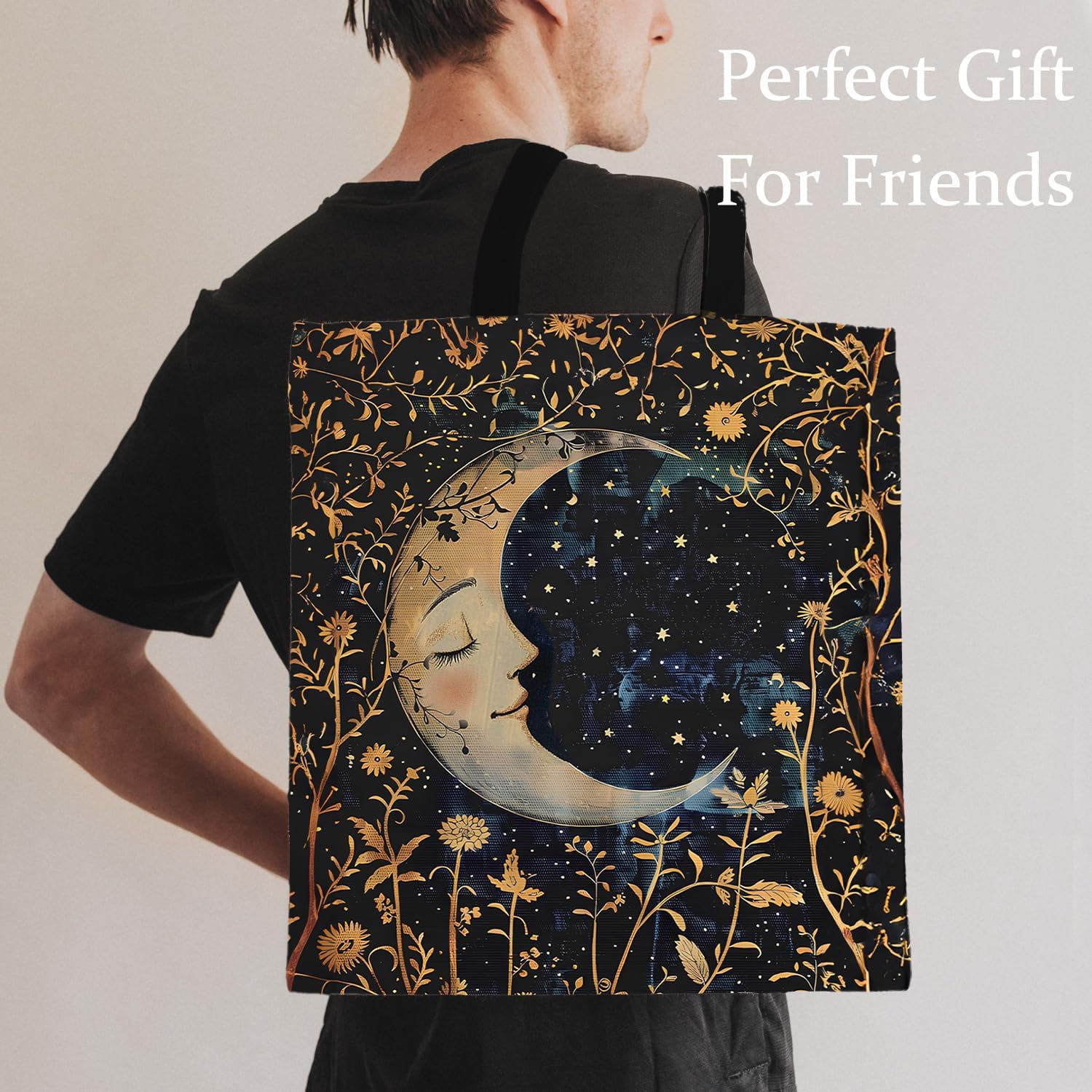 Boho Floral Crescent Moon Tote Bag, Witchy Gothic Moon and Stars Canvas Tote Bags for Women, Mystical Celestial Boho Botanical Reusable Grocery Shopping Bags - Image 4