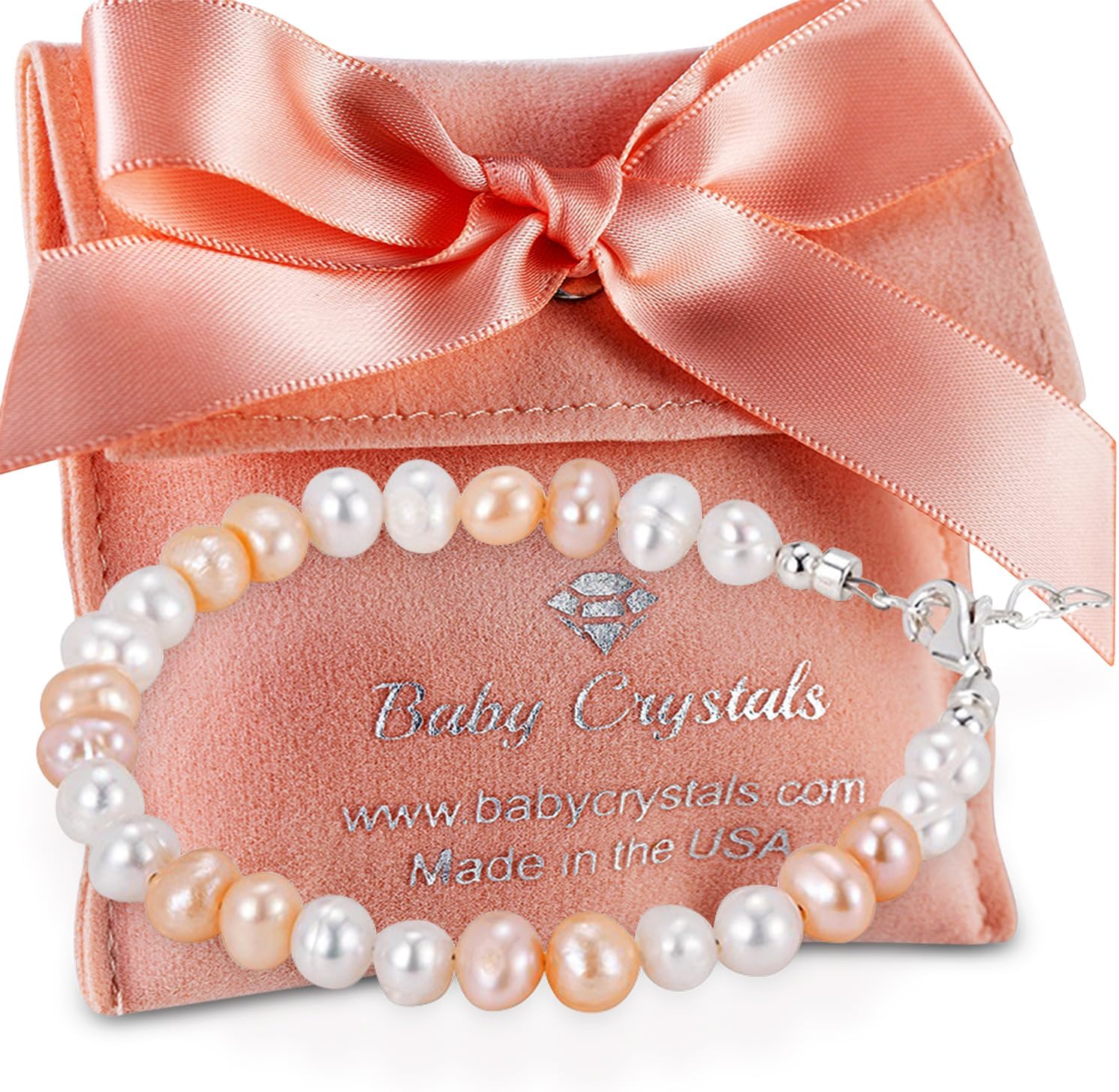 Baby Crystals Freshwater Cultured Pearl Bracelet, Baby Bracelets for infant girls Sterling Silver Jewelry keepsake for boys or girls, 1st Birthday Girl, 1 Year Old Girl Gifts