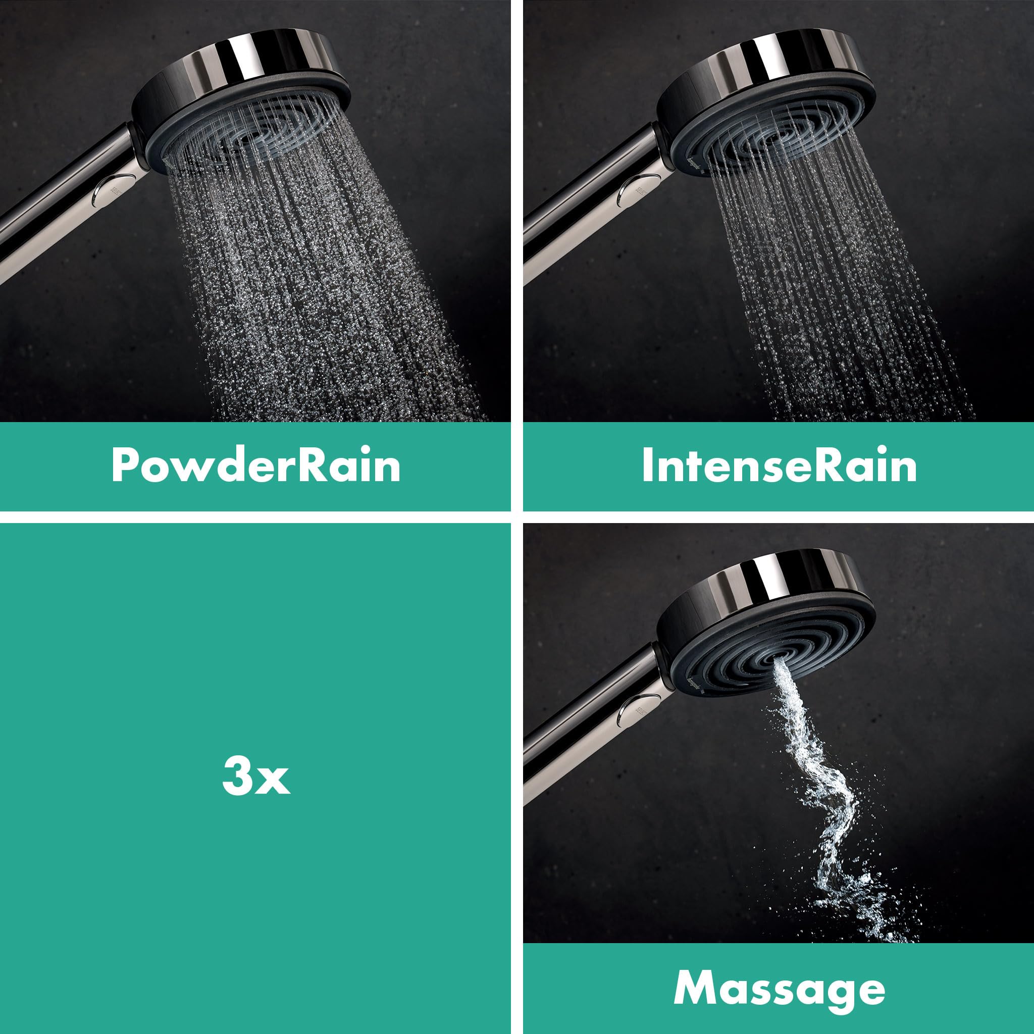 hansgrohe Pulsify Select S - Set doccia con termostatico Ecostat Element, doccetta a risparmio idrico (EcoSmart, 105 mm, 3 getti), tubo flessibile e asta doccia (0,65 m), cromo, 24272000