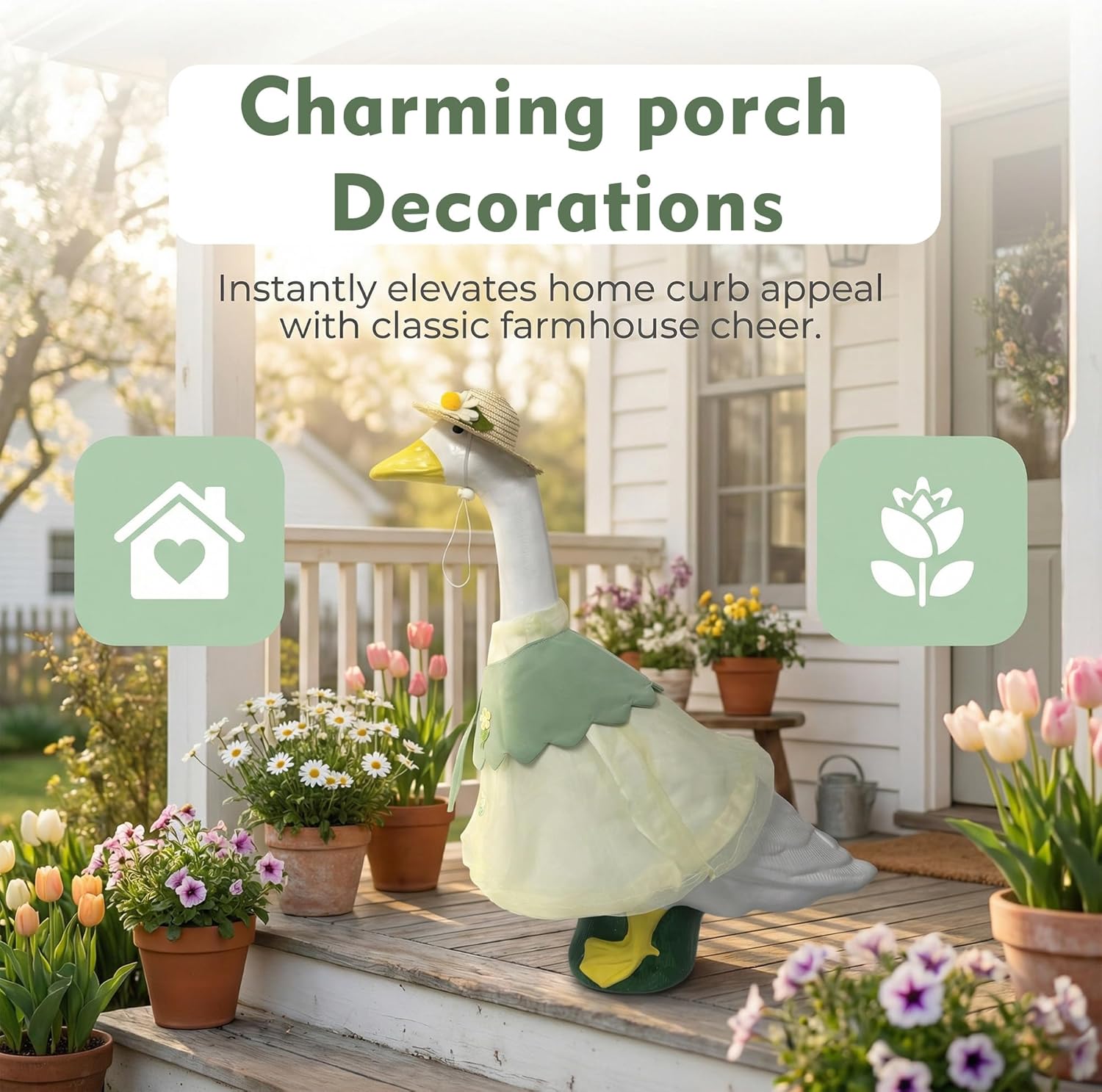 holoith 3 Pcs Spring Porch Goose Outfits for 23 inch Cement Goose Set, Outdoor Garden Statue with Adorable Gooses Outfit, Spring Garden Entrance Decoration, Includes Straw Hat, Collar, and Skirt