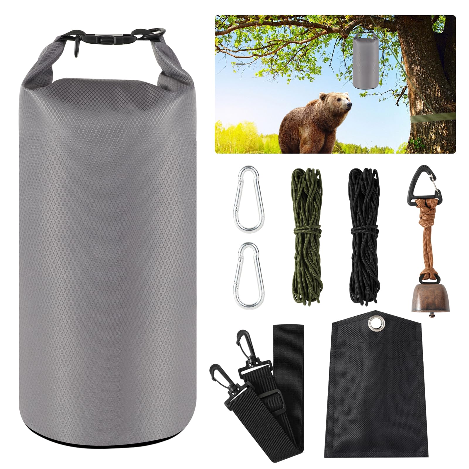 WSFSLJWDW Bear Bag for Camping, Grey Ultralight Food Hanging System Include Waterproof Bear Bag, Nylon Ropes, Carabiner Clip, Bear Bell for Backpacking, Hiking, Outdoor Activity