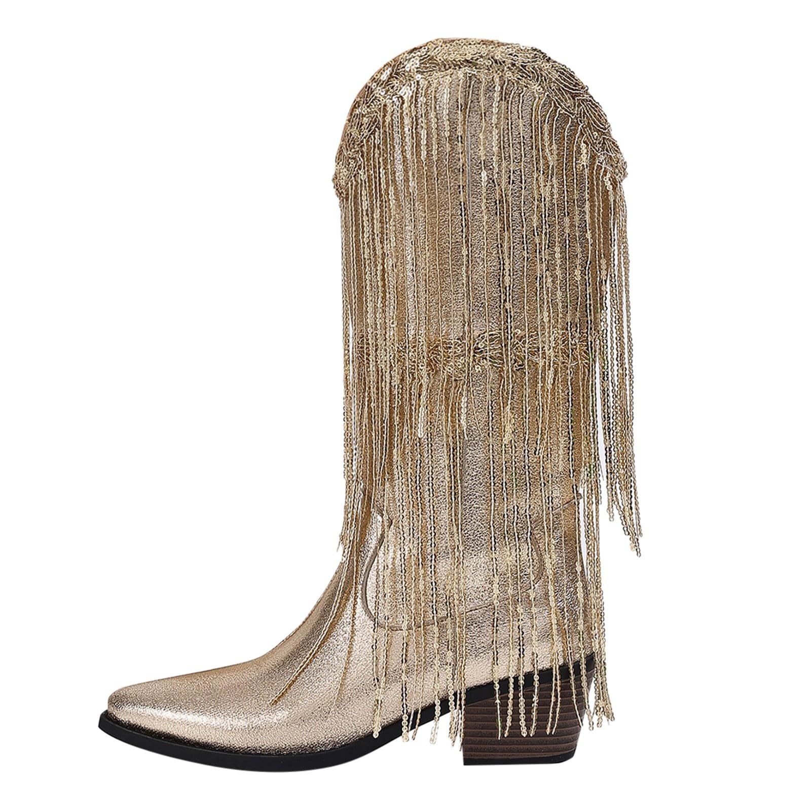 Damen Plateau Stiefel Silber Cowboystiefel Mit Fransen Glitzer Strass