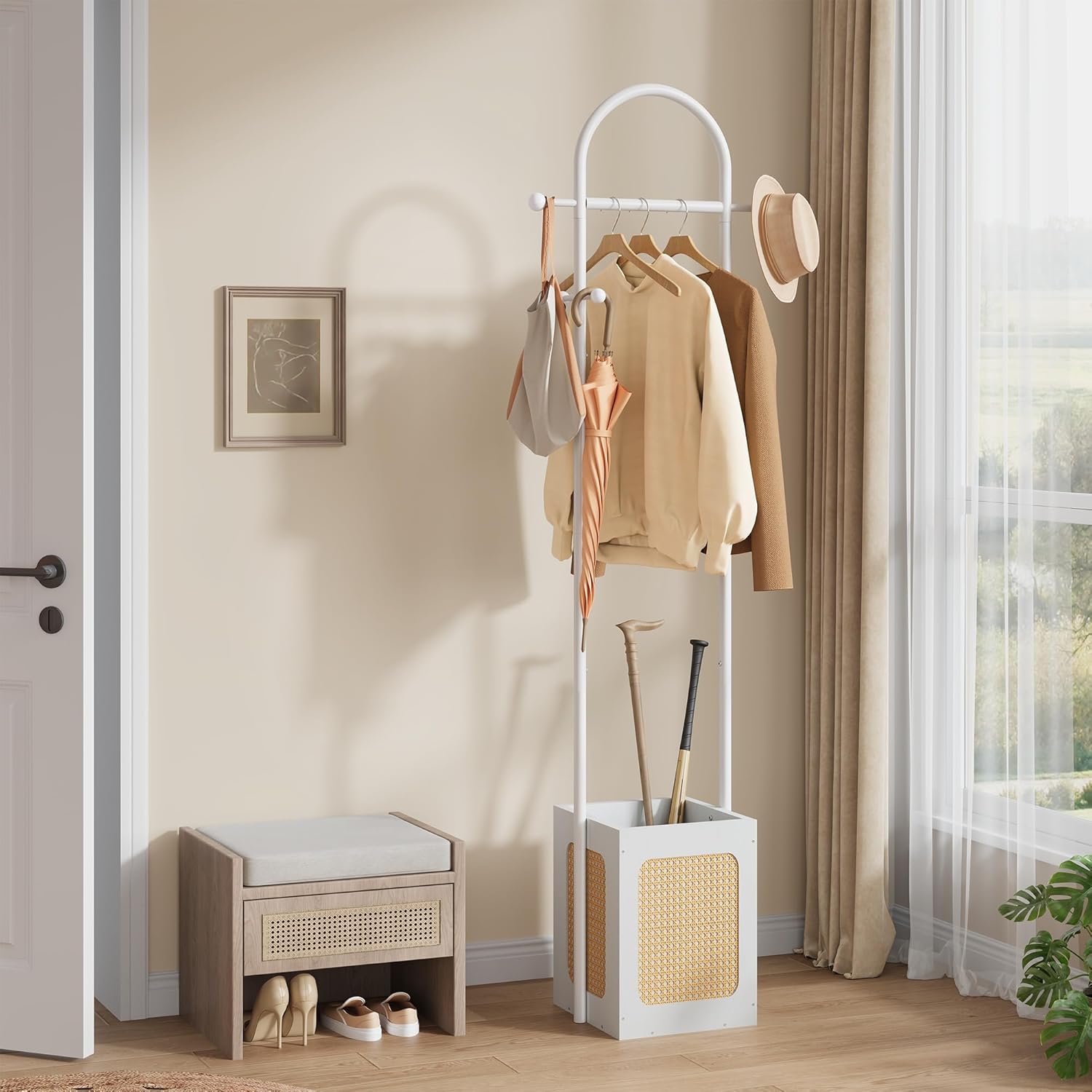 Tajsoon Coat Rack Freestanding, Coat Stand with Wooden Storage Basket, Coat Tree with 6 Hooks, Rattan Coat Hanger Stand for Living Room, Bedroom, Office, White