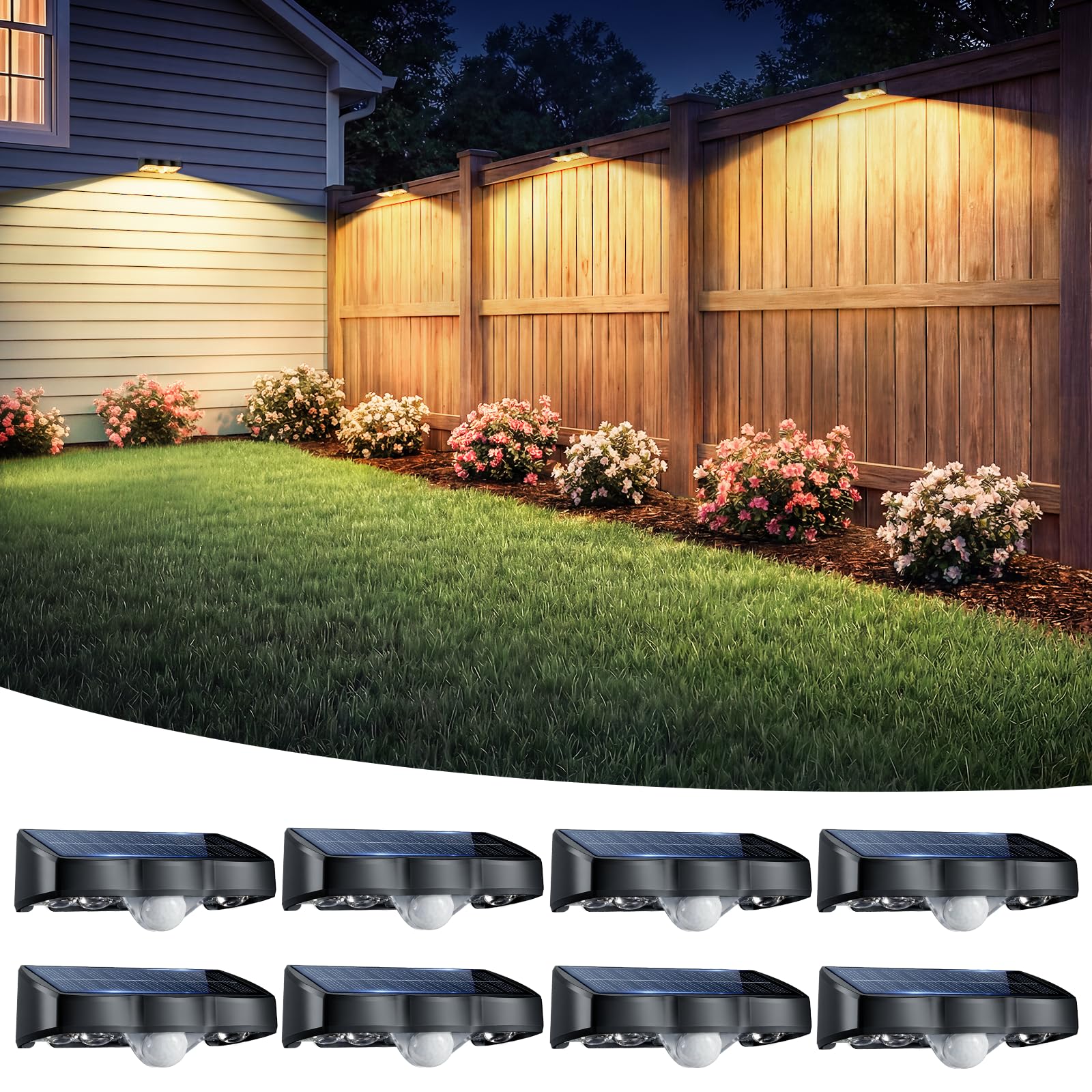 nibuuecer Solar Lights Outdoor Garden, 8 Pack Warm White 3000K Solar Fence Lights with 3 Modes Motion Sensor IP65 Waterproof Dusk to Dawn Garden Lights for Wall Patio Deck Backyard Garden Decorative