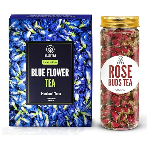 BLUE TEA - Té de flor de guisante de mariposa + té de capullos de rosa | Secado al sol natural | Té de hierbas más fresco | Alto en antioxidantes |