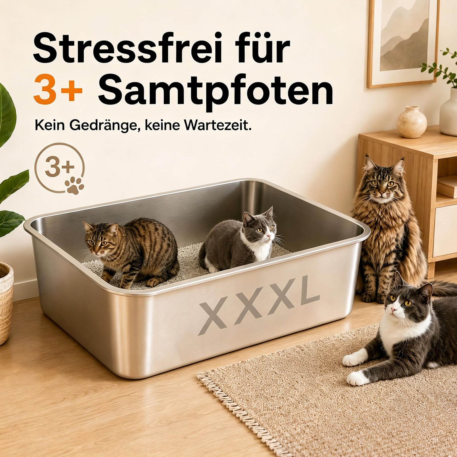 Premium XXXL Katzenklo Edelstahl, 70x50x20 cm Groß Katzentoilette mit Hohen Rand, Rostfrei, Antihaftbeschichtet, Leicht zu Reinigen, mit Schaufel für Große Katzen & Mehrkatzenhaushalte