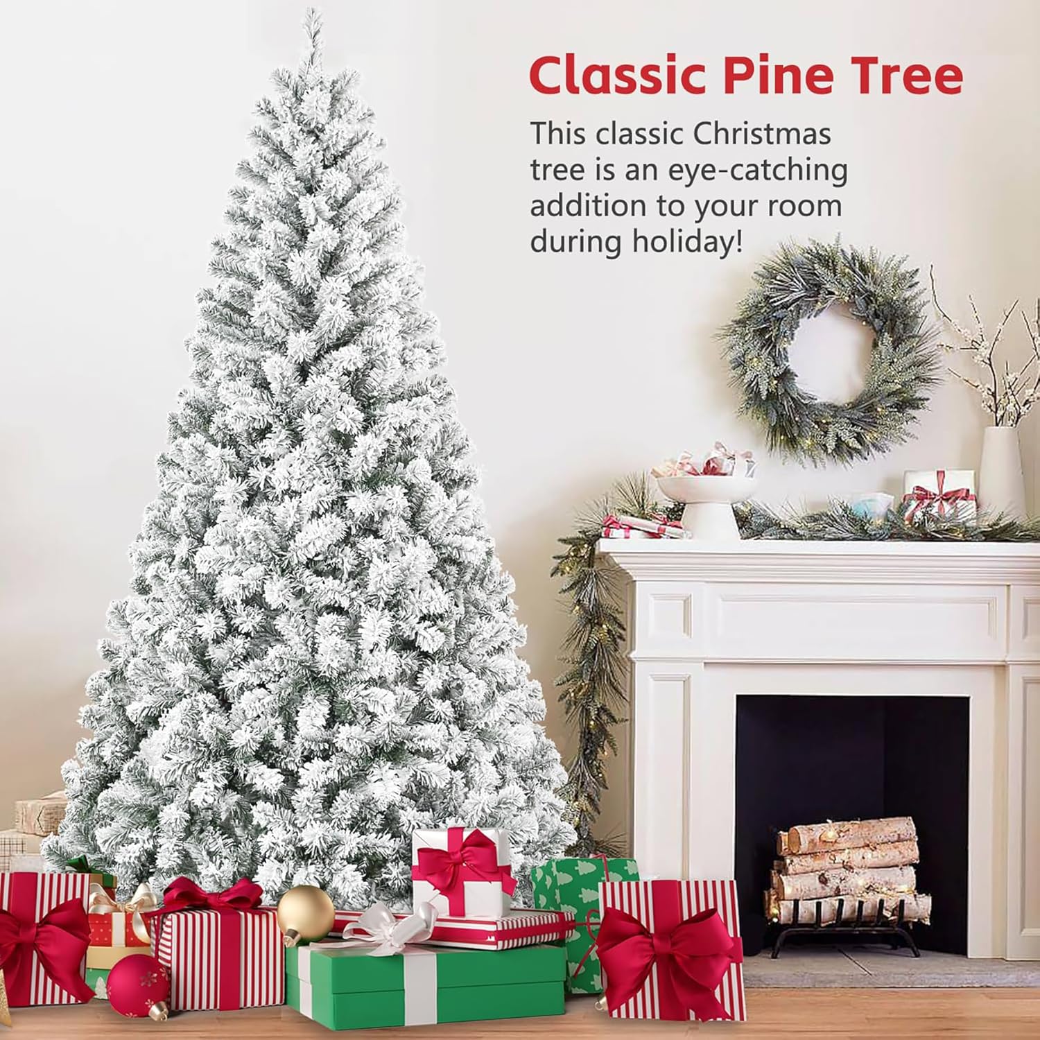 6FT Flocked Artificial Christmas Tree, Full Unlit White Christmas Tree with Premium PVC Branches, Realistic Snowy Look, Sturdy Metal Stand, Indoor Fake Snow Xmas Tree for Home Office Shops